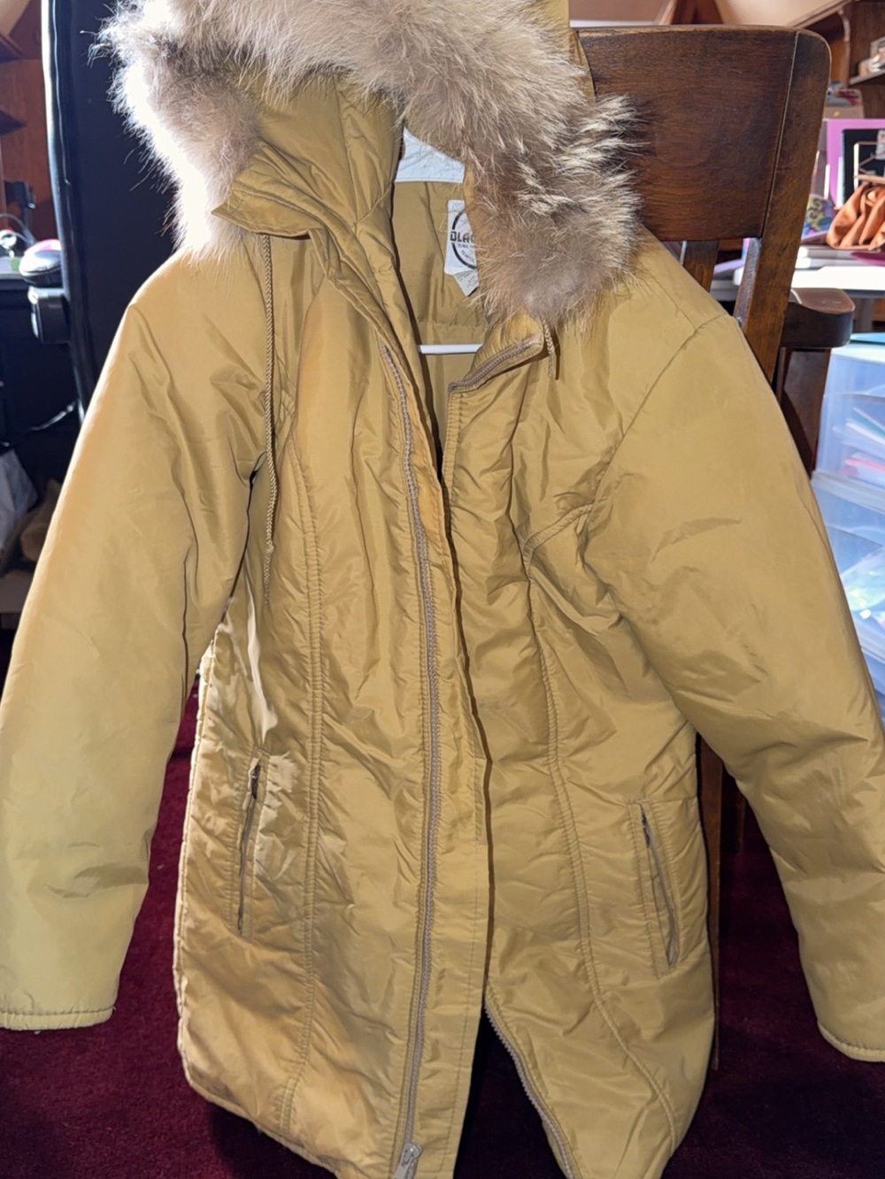 Authentic Vintage Black Bead Tan Puffer Coat with Faux-Fur Trimmed Hood 80% down